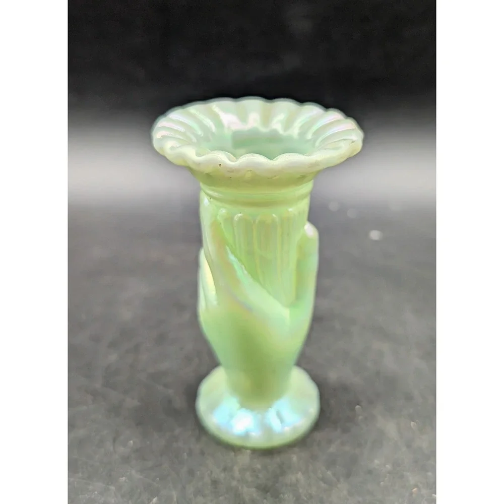 Fenton Glass Hand Vase Celadon Green Iridescent 1997 National Sales Meeting 4in